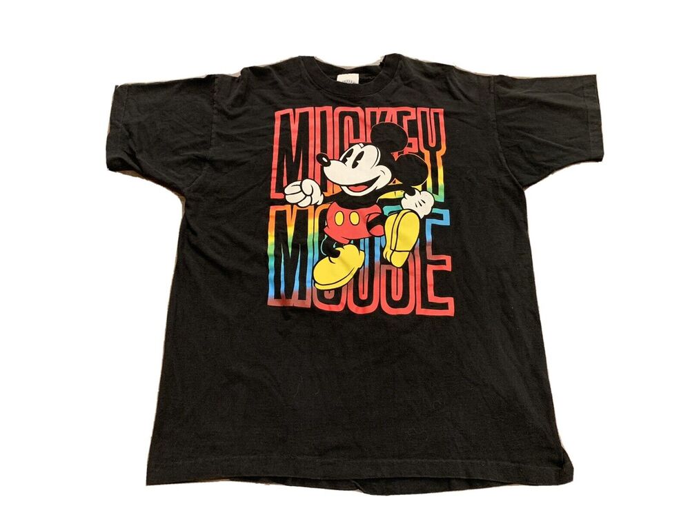 Vtg Mickey Mouse Black T Shirt Disney Tee Cartoon Logo One Size Fits All USA